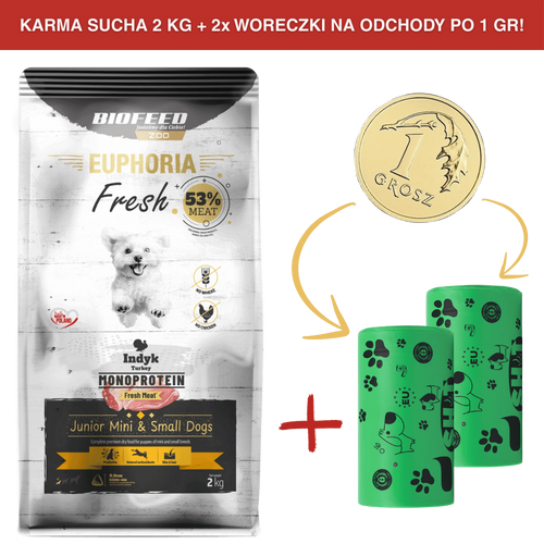ZESTAW: Karma dla szczeniąt EUPHORIA Fresh Turkey Monoprotein (mini i małe rasy) 2 kg + 2 rolki woreczków na odchody PO 1 GR