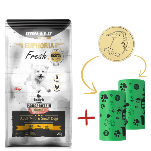 ZESTAW: Karma dla psów EUPHORIA Fresh Turkey Monoprotein (mini i małe rasy) 2 kg + 2 rolki woreczków na odchody PO 1 GR
