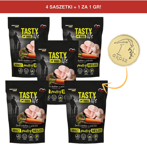 [4+1 ZA GROSZ] Mokra karma dla psów Tasty Dogs Life DRÓB 90% - danie w galaretce (saszetka) 500 g