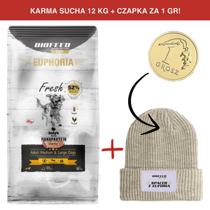 ZESTAW: Karma dla psów EUPHORIA Fresh Turkey Monoprotein (średnie i duże rasy) 12 kg + czapka SPACER Z EUFORIĄ za 1 gr