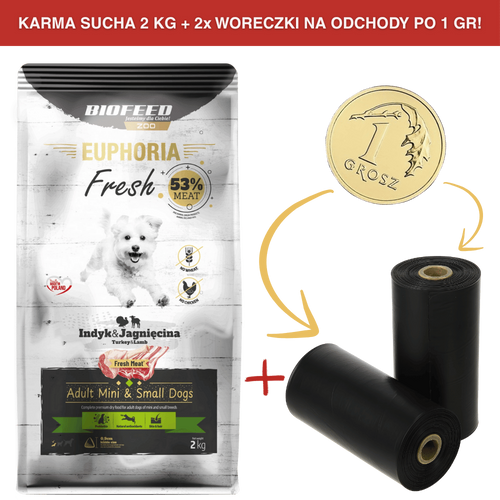 ZESTAW: Karma dla psów EUPHORIA Fresh z indykiem i jagnięciną (mini i małe rasy) 2 kg + 2 rolki woreczków na odchody PO 1 GR