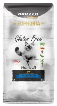 ZESTAW: Karma dla kotów EUPHORIA Gluten Free Cat HAIRBALL Indyk & Łosoś 8 kg + 1,5 kg ZA 1 GR