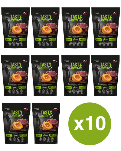 ZESTAW: Mokra karma dla psów Tasty Dogs Life JELEŃ 90% - danie w galaretce (saszetka) 10x 500 g