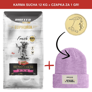 ZESTAW: Karma dla psów EUPHORIA Fresh z indykiem i królikiem (średnie i duże rasy) 12 kg + czapka SPACER Z EUFORIĄ za 1 gr