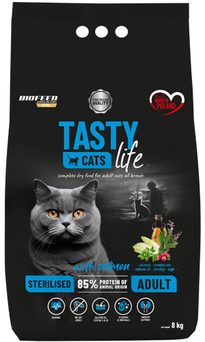 Karma dla kotów Tasty Cats Life STERILISED z łososiem 8 kg