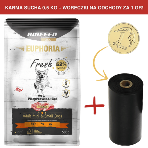 ZESTAW: Karma dla psów EUPHORIA Fresh z wieprzowiną i gęsią (mini i małe rasy) 0,5 kg + rolka woreczków na odchody ZA 1 GR