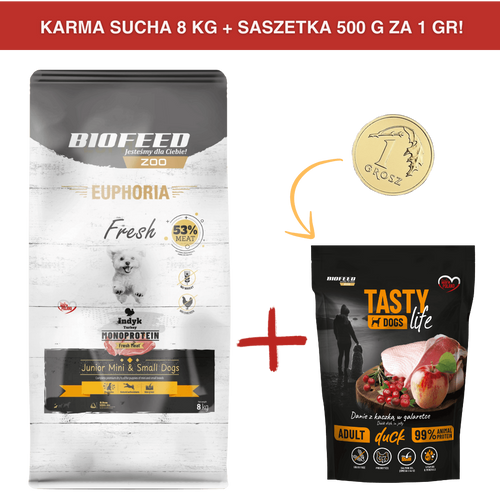 ZESTAW: Karma dla szczeniąt EUPHORIA Fresh Turkey Monoprotein (mini i małe rasy) 8 kg + saszetka Tasty Dogs Life Duck 500 g ZA 1 GR