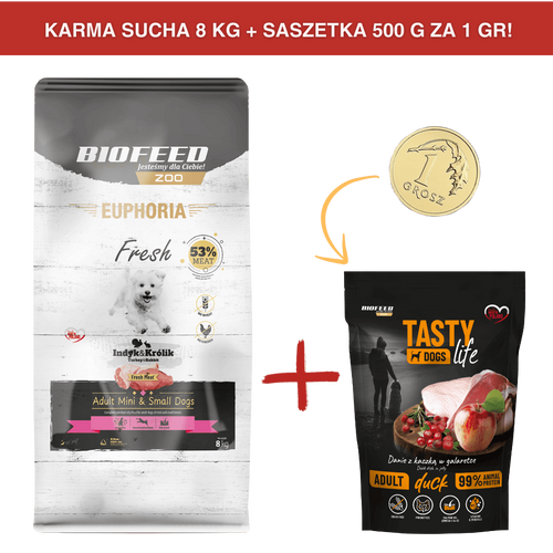 ZESTAW: Karma dla psów EUPHORIA Fresh z indykiem i królikiem (mini i małe rasy) 8 kg + saszetka Tasty Dogs Life Duck 500 g ZA 1 GR