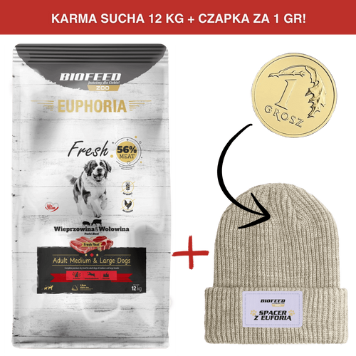 ZESTAW: Karma dla psów EUPHORIA Fresh z wieprzowiną i wołowiną (średnie i duże rasy) 12 kg + czapka SPACER Z EUFORIĄ za 1 gr