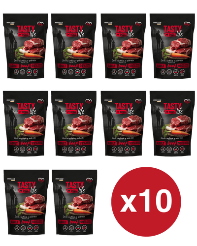 ZESTAW: Mokra karma dla psów Tasty Dogs Life WOŁOWINA 90% - danie w galaretce (saszetka) 10x 500 g