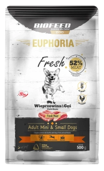 ZESTAW: Karma dla psów EUPHORIA Fresh z wieprzowiną i gęsią (mini i małe rasy) 0,5 kg + rolka woreczków na odchody ZA 1 GR
