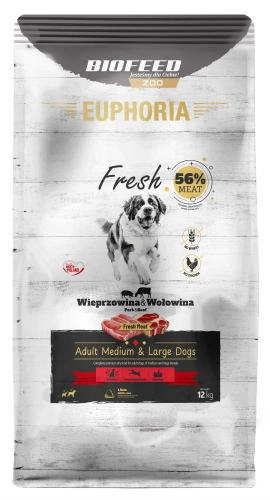 Karma dla psów EUPHORIA Fresh z wieprzowiną i wołowiną (średnie i duże rasy) 12 kg