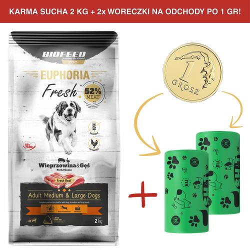 ZESTAW: Karma dla psów EUPHORIA Fresh z wieprzowiną i gęsią (średnie i duże rasy) 2 kg + 2 rolki woreczków na odchody PO 1 GR