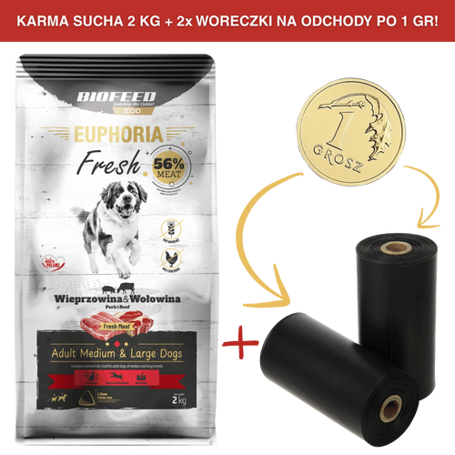 ZESTAW: Karma dla psów EUPHORIA Fresh z wieprzowiną i wołowiną (średnie i duże rasy) 2 kg + 2 rolki woreczków na odchody PO 1 GR