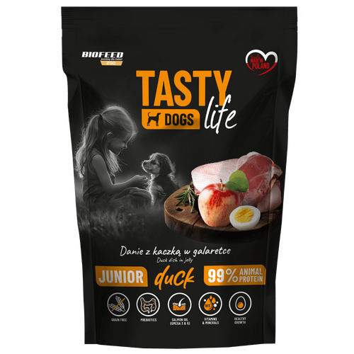 Mokra karma dla szczeniąt Tasty Dogs Life KACZKA 90% - danie w galaretce (saszetka) 150 g