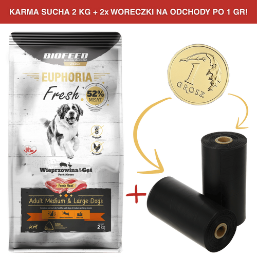 ZESTAW: Karma dla psów EUPHORIA Fresh z wieprzowiną i gęsią (średnie i duże rasy) 2 kg + 2 rolki woreczków na odchody PO 1 GR
