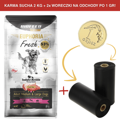ZESTAW: Karma dla psów EUPHORIA Fresh z indykiem i królikiem (średnie i duże rasy) 2 kg + 2 rolki woreczków na odchody PO 1 GR