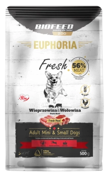 ZESTAW: Karma dla psów EUPHORIA Fresh z wieprzowiną i wołowiną (mini i małe rasy) 0,5 kg + rolka woreczków na odchody ZA 1 GR