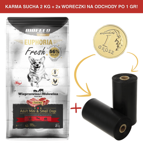 ZESTAW: Karma dla psów EUPHORIA Fresh z wieprzowiną i wołowiną (mini i małe rasy) 2 kg + 2 rolki woreczków na odchody PO 1 GR