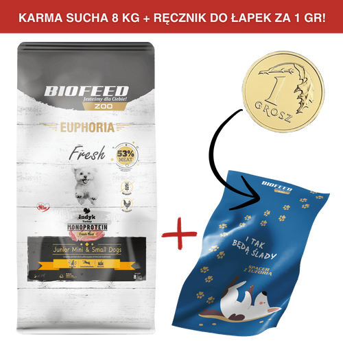 ZESTAW: Karma dla szczeniąt EUPHORIA Fresh Turkey Monoprotein (mini i małe rasy) 8 kg + ręcznik do łapek za 1 gr