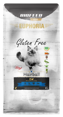 Karma dla kotów EUPHORIA Gluten Free Cat HAIRBALL Indyk & Łosoś 8 kg