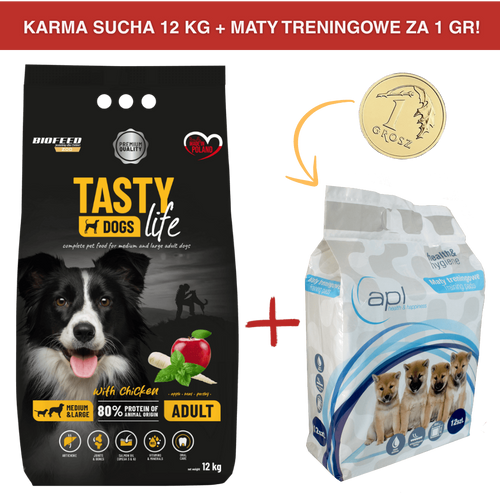 ZESTAW: Karma dla psa Tasty Dogs Life z kurczakiem 12 kg (średnie i duże rasy) + maty treningowe za 1 gr