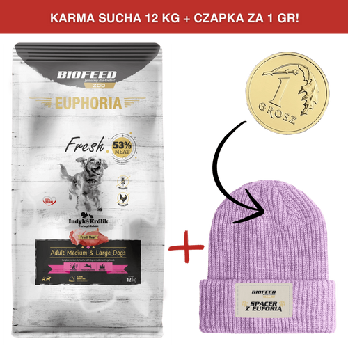 ZESTAW: Karma dla psów EUPHORIA Fresh z indykiem i królikiem (średnie i duże rasy) 12 kg + czapka SPACER Z EUFORIĄ za 1 gr